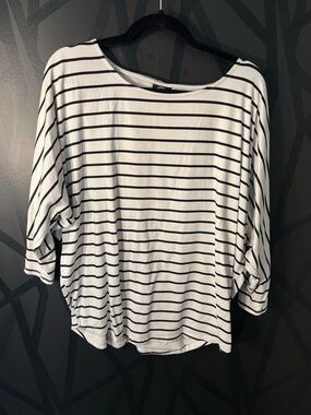 bobeau White and Black Striped Boatneck 3/4 Sleeve Top